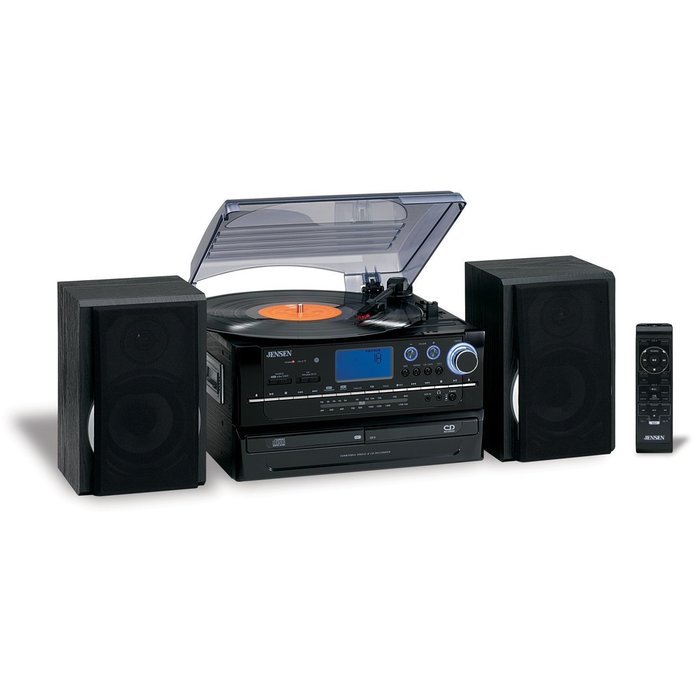 Jensen 3-Speed Turntable CD/AM/FM Music System Cassette Encoding, Dual Cd Loading, CD-R/RW Compatible with Aux...