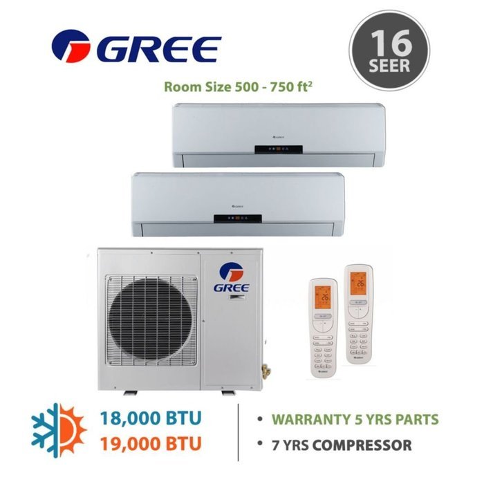 Gree +Multi Dual-Zone Mini Split Ductless Mini-Split 18,000 BTU Inverter Heat 9k 9k N4