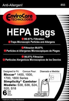 Riccar 1700, 1800, Pristine, Charisma , Starbright, HEPA Vacuum Bags - 6 Pack by Envirocare