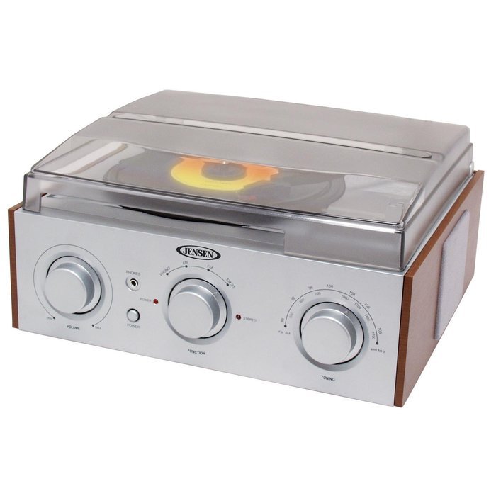 Jensen 3-Speed Stereo Turntable with AM/FM Stereo Radio with 2 Built-In Speakers, External Stereo Speaker Output...