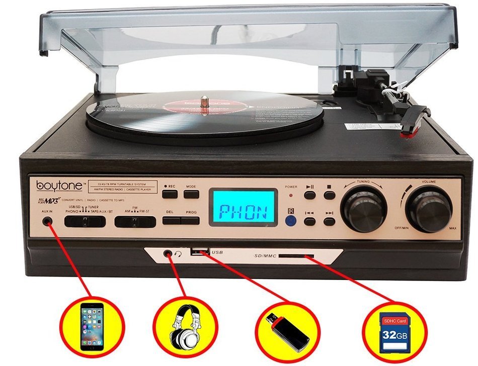 Boytone BT-27R-C Bluetooth connection 3-Speed Stereo Turntable, 2 built in Speakers Digital LCD Display AM/FM...