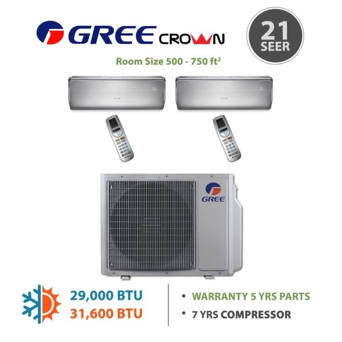 Gree MULTI18BCROWN200 - 18,000 BTU Multi21 Dual-Zone Wall Mounted Mini Split Air Conditioner with Heat Pump 220V... N9