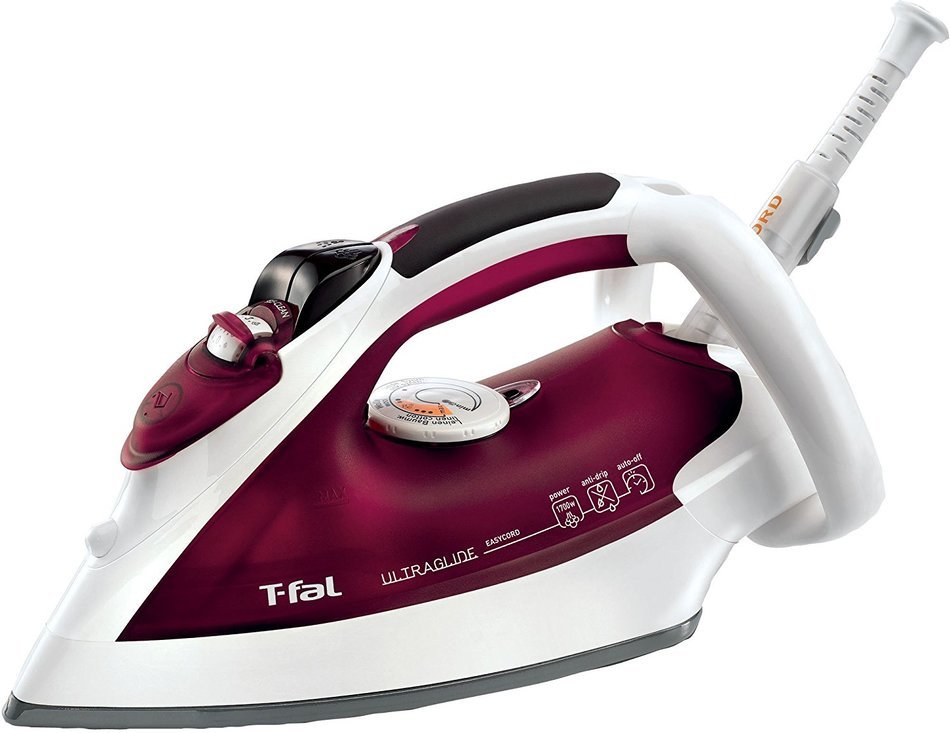 T-Fal FV4379003 Ultraglide Easycord Iron with Scratch Resistant Nonstick Soleplate & Anti-Scale System, Red