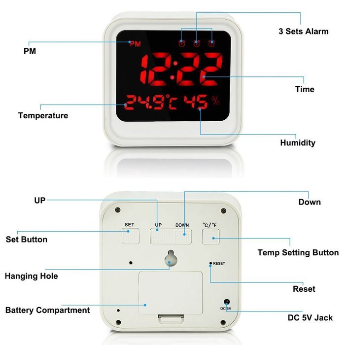 Number-One Digital Alarm Clock with 3 Sets Alarm, Time/ Temperature / Humidity Display, Large Screen Display Travel... N4