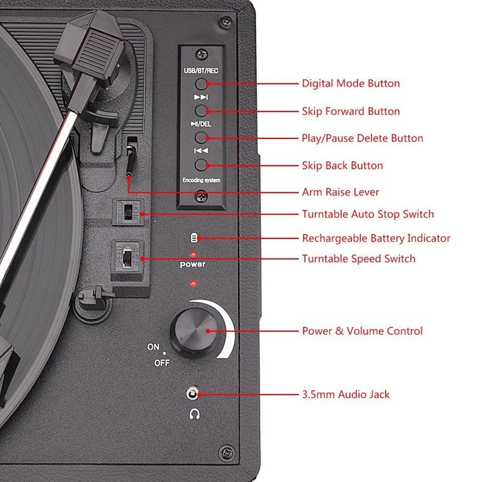 Musitrend Bluetooth Turntable Portable Suitcase Record Player with Built-in Speakers, USB/SD Recorder, Rechargable... N10