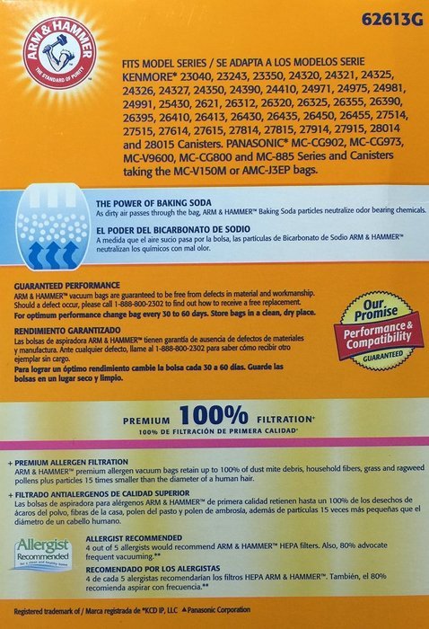 Arm & Hammer Kenmore C, Panasonic Premium Allergen Bag, 2 Pack of 3 Bags (6 Bags) N2