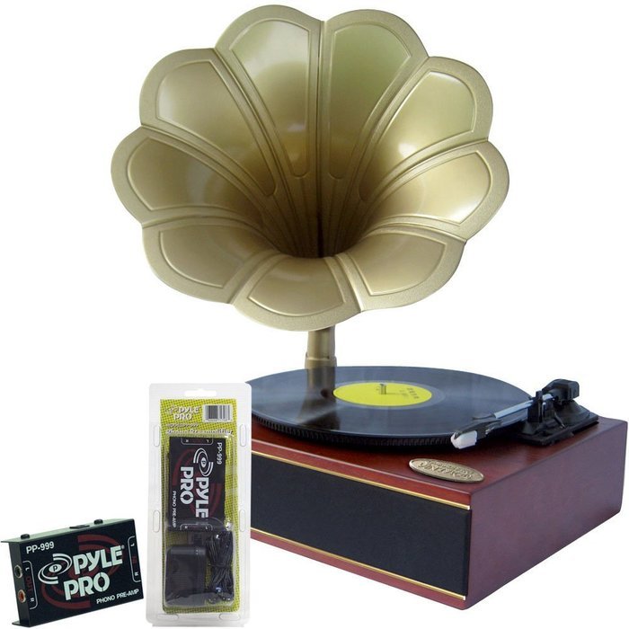 Pyle Turntable Record Player and Pre-Amplifier Package - PNGTT1R Classic Horn Phonograph/Turntable With USB-To-PC...