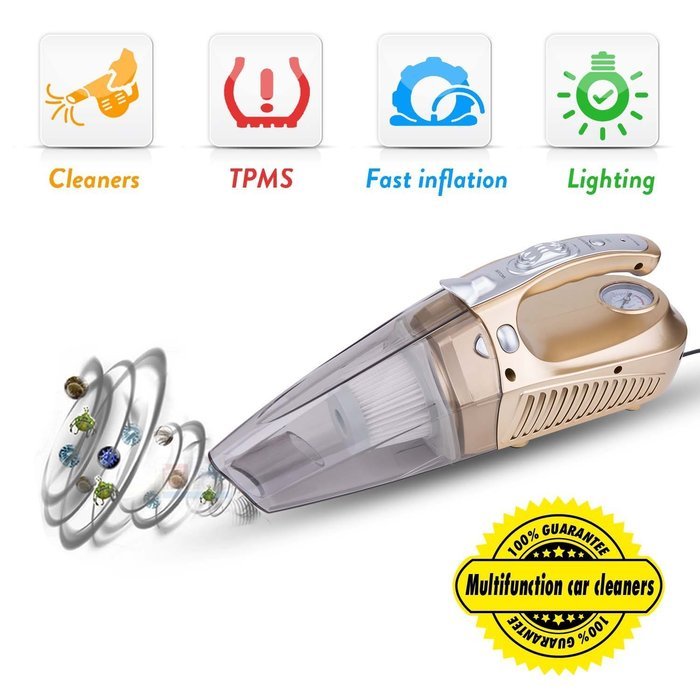 Car Dust Buster Hand Vac, TWOBIU(TM) 100W Vehicle Vacuum Cleaner with Tire Pressure Monitor Tire Inflation Flashlight-Gold N8