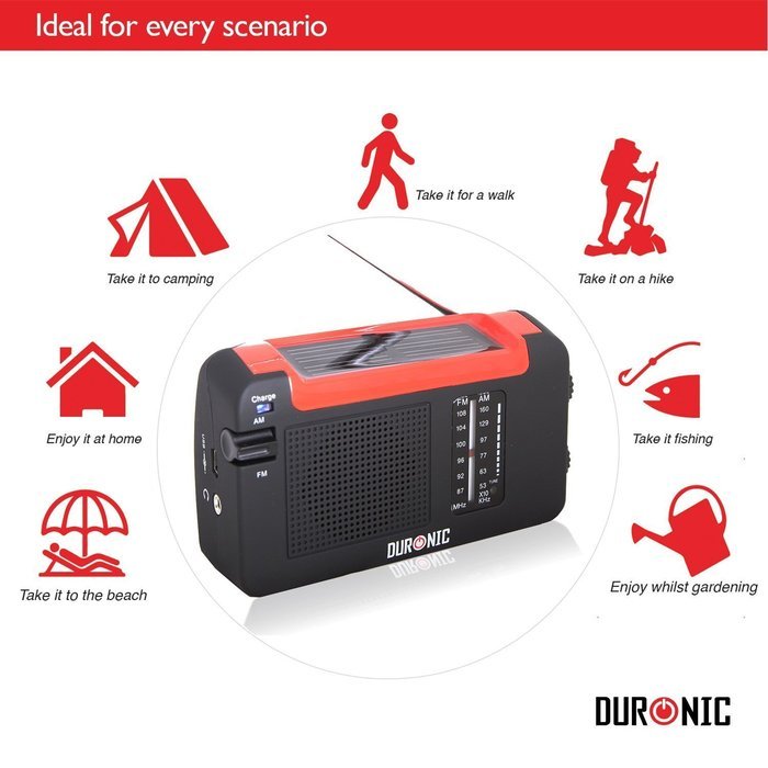 Duronic Hybrid Hand crank, self-powered, Solar AM/FM Radio with USB charger cable - Perfect for Walking, Hiking... N3