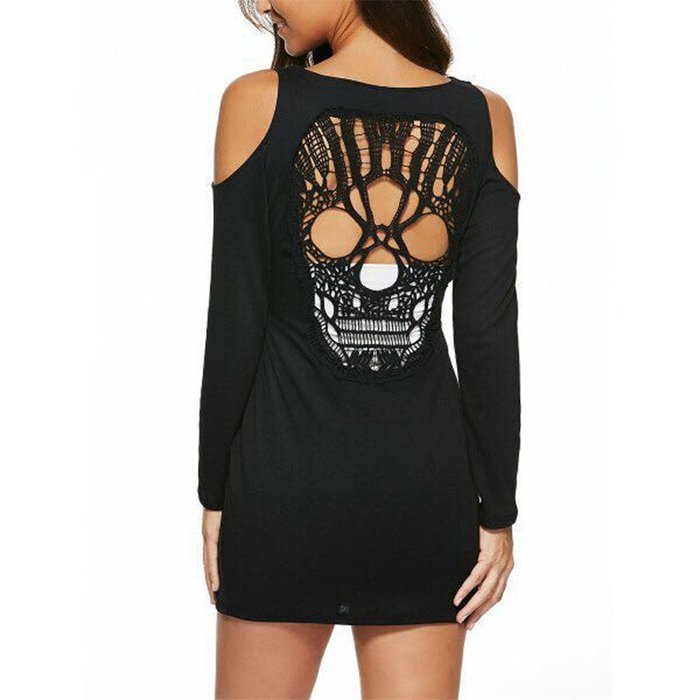 Women Dress,Haoricu Fall Women Sexy V-collar Strapless Skull Hollow Long-sleeved Dress N6