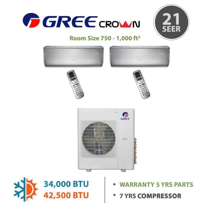 Gree MULTI18BCROWN200 - 18,000 BTU Multi21 Dual-Zone Wall Mounted Mini Split Air Conditioner with Heat Pump 220V... N12