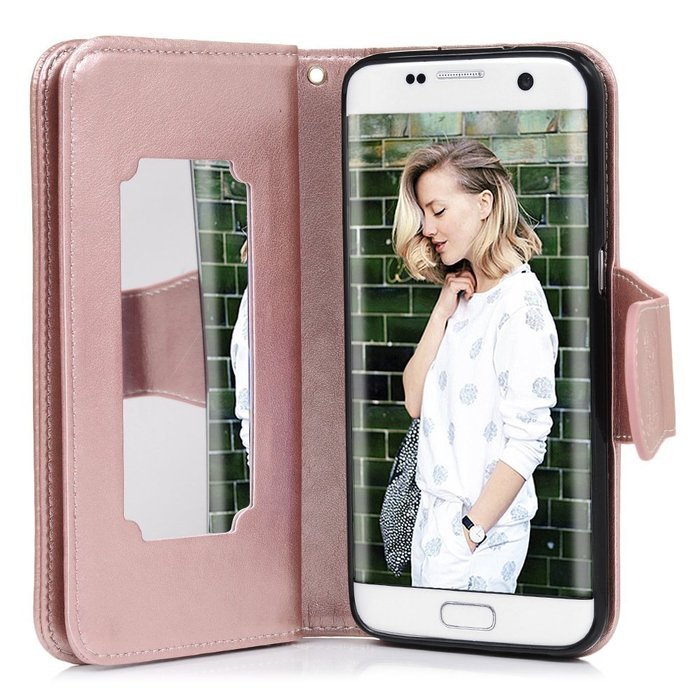 Badalink Galaxy S7 Edge Wallet Case 9 Card Slots Plastic Mirror Hand Strap Stand Feature Embossed PU Leather Flip... N27