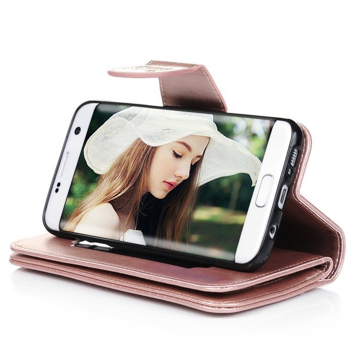 Badalink Galaxy S7 Edge Wallet Case 9 Card Slots Plastic Mirror Hand Strap Stand Feature Embossed PU Leather Flip... N29