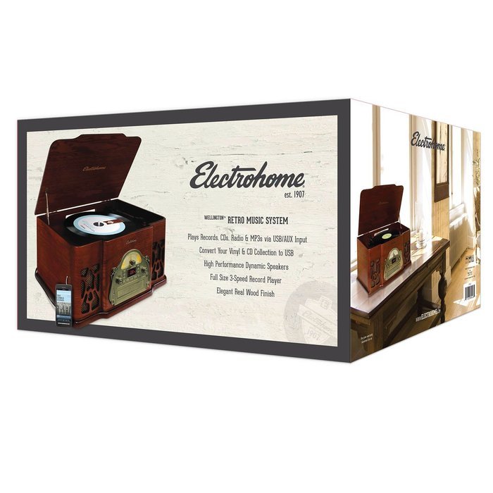 Electrohome Wellington Record Player Retro Vinyl Turntable Real Wood Stereo System, AM/FM Radio, CD, USB for MP3... N9