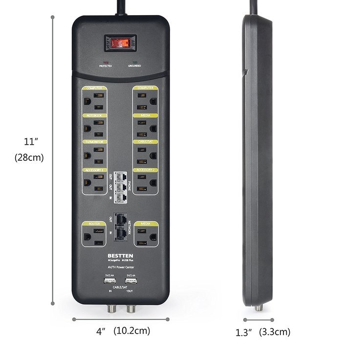 Bestten 10 Outlet All-In-One Surge Protector Power Center with 2 USB Ports (3.1A Total) and Phone / Ethernet /... N2
