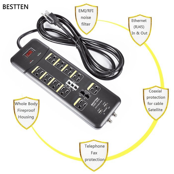 Bestten 10 Outlet All-In-One Surge Protector Power Center with 2 USB Ports (3.1A Total) and Phone / Ethernet /... N3