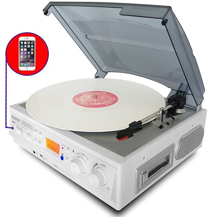 Boytone BT-37WT-C White Color Limited Edition 3-Speed Stereo Turntable, 2 Built-In Speakers, LCD Display, AM/FM... N6