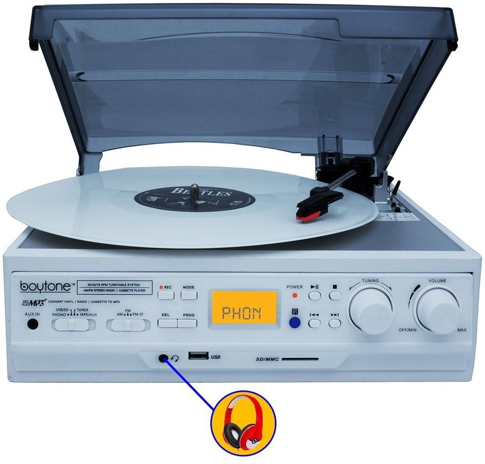 Boytone BT-37WT-C White Color Limited Edition 3-Speed Stereo Turntable, 2 Built-In Speakers, LCD Display, AM/FM... N7