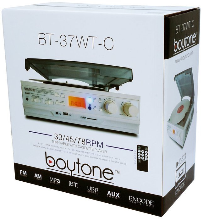 Boytone BT-37WT-C White Color Limited Edition 3-Speed Stereo Turntable, 2 Built-In Speakers, LCD Display, AM/FM... N8
