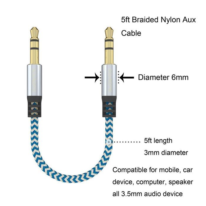 SoundPie 3.5mm Nylon Braid Contrast Color ShoeLace Auxiliary Audio Cable (5ft / 1.5m) AUX Cable for Headphones... N12