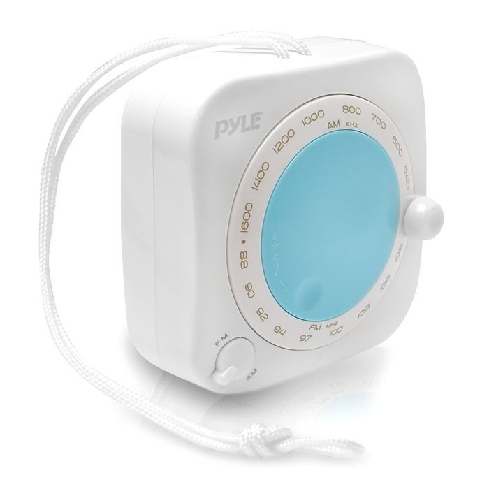 Splash Proof Water Resistant Mini AM/FM Radio with Hanging Strap, Rotary Volume Control, Manual Tuner