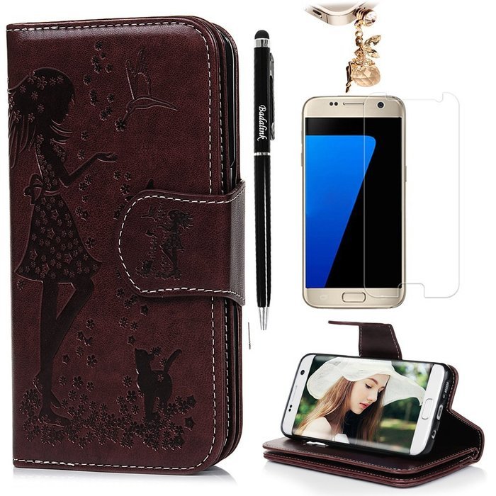Badalink Galaxy S7 Edge Wallet Case 9 Card Slots Plastic Mirror Hand Strap Stand Feature Embossed PU Leather Flip... N42