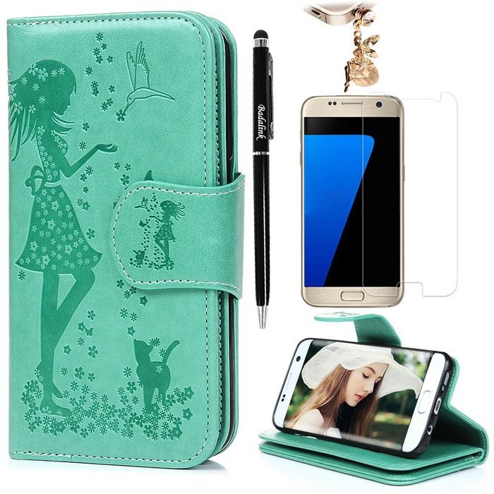 Badalink Galaxy S7 Edge Wallet Case 9 Card Slots Plastic Mirror Hand Strap Stand Feature Embossed PU Leather Flip... N45