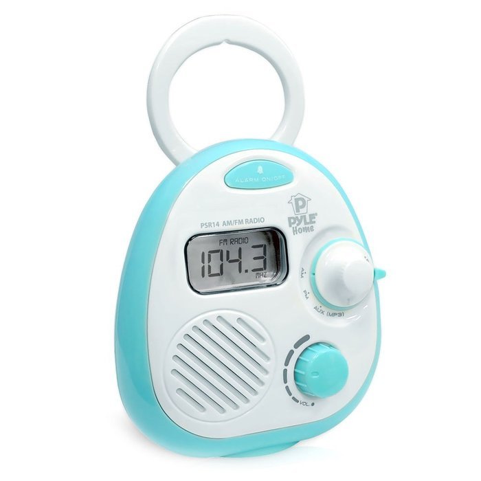 Pyle PSR14 Splash-Proof Water Resistant Mini Digital AM/FM Radio Alarm Clock with LCD Display and 3.5mm AUX Input... N4
