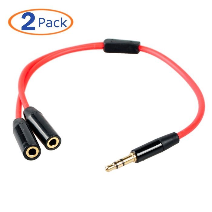Conwork 2-Pack 3.5mm Male to Dual Female Stereo Jack Plug Terminal Headset Headphone Splitter Cable -Red N2
