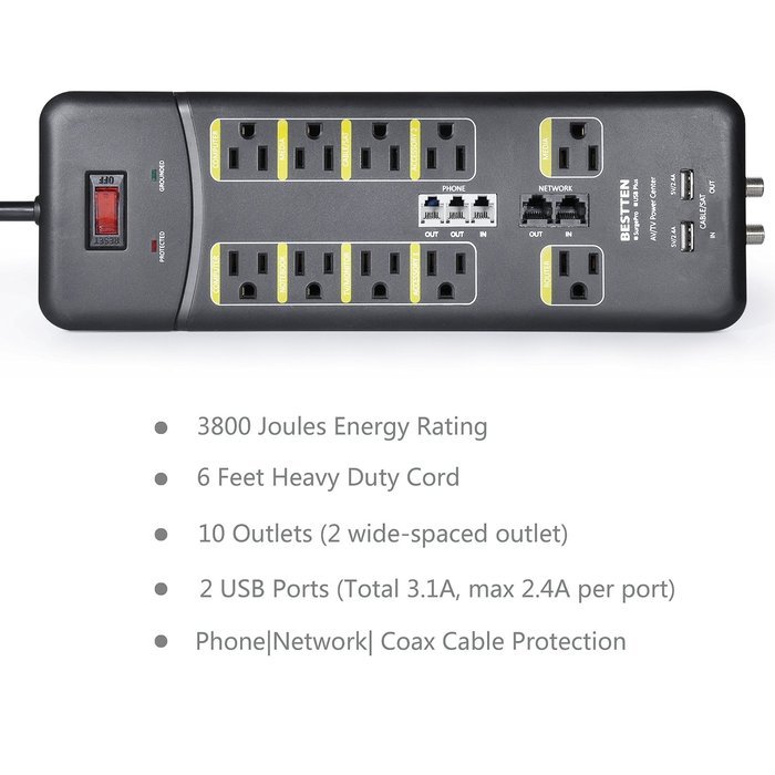 Bestten 10 Outlet All-In-One Surge Protector Power Center with 2 USB Ports (3.1A Total) and Phone / Ethernet /... N6