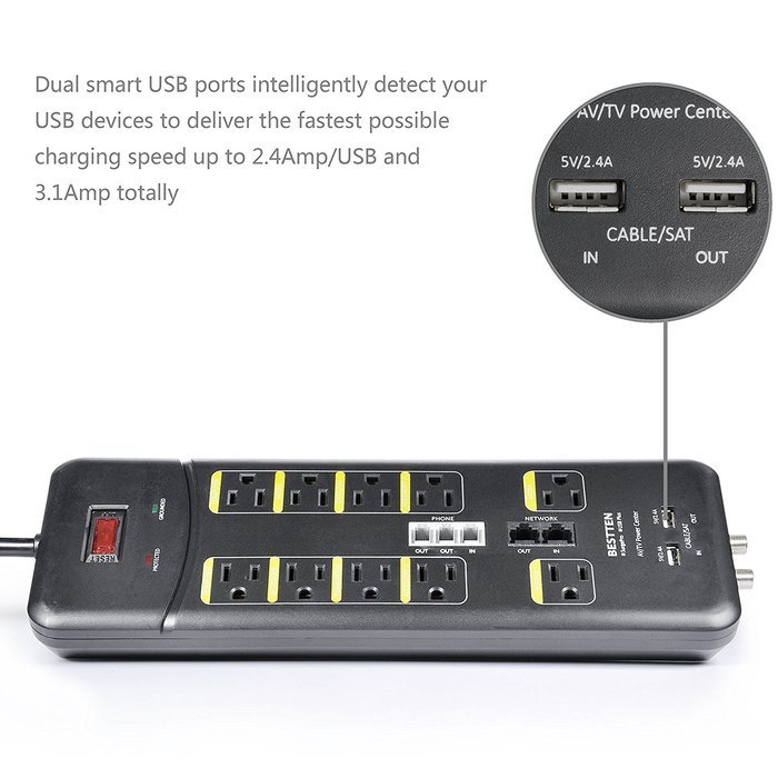 Bestten 10 Outlet All-In-One Surge Protector Power Center with 2 USB Ports (3.1A Total) and Phone / Ethernet /... N7
