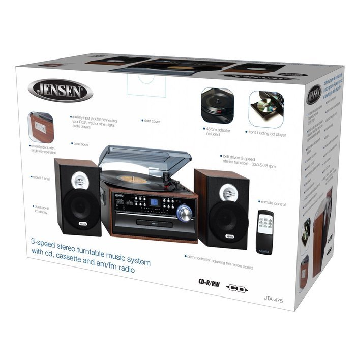Jensen 3-Speed Turntable Music System Limited Edition JTA475W LCD Display with Front Loading CD Player , AM/FM... N4