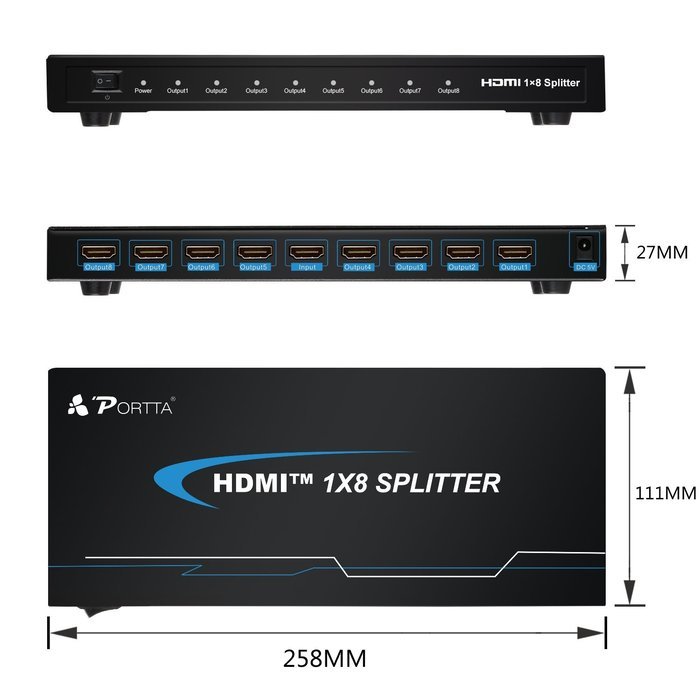 Portta PET0104 HDMI Splitter 4 Port 1x4 v1.3 support Full HD 3D 1080p Deep Color HD Audio Real HDMI N5