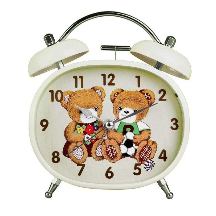 Hense Mute Quartz Movement lovely Teedy bear Design Twin Bell Alarm Clock With Nightlight Ha03 ( White frame ) N4