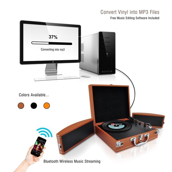 PYLE PVTTBT8BR Bluetooth Classic Vintage Style Vinyl Player Turntable, Vinyl-To-MP3 Record, Rechargeable Battery N8