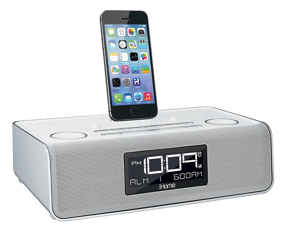 iHome iDL43W Dual Charging Stereo FM Clock Radio with Lightning Dock and USB Charge/Play - White N6