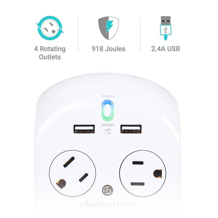 360 Electrical 36038 Revolve Surge Protector with 4 Rotating Outlets and 3.4 Amp/17W USB Charging N3