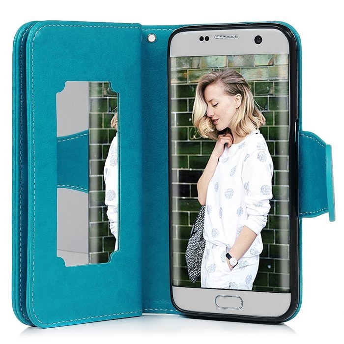 Badalink Galaxy S7 Edge Wallet Case 9 Card Slots Plastic Mirror Hand Strap Stand Feature Embossed PU Leather Flip... N49
