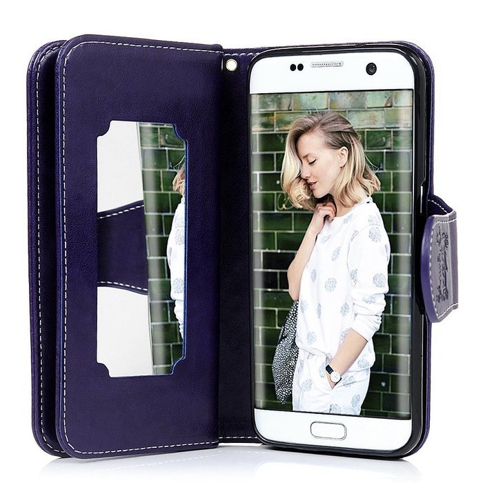 Badalink Galaxy S7 Edge Wallet Case 9 Card Slots Plastic Mirror Hand Strap Stand Feature Embossed PU Leather Flip... N50