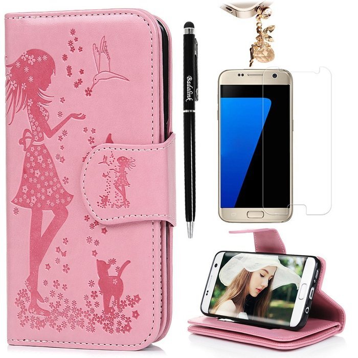Badalink Galaxy S7 Edge Wallet Case 9 Card Slots Plastic Mirror Hand Strap Stand Feature Embossed PU Leather Flip... N53