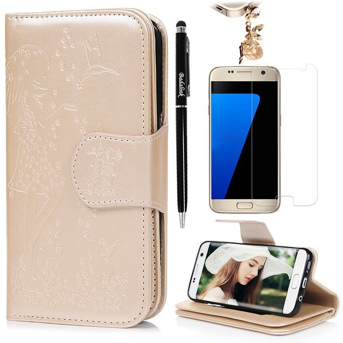 Badalink Galaxy S7 Edge Wallet Case 9 Card Slots Plastic Mirror Hand Strap Stand Feature Embossed PU Leather Flip... N59
