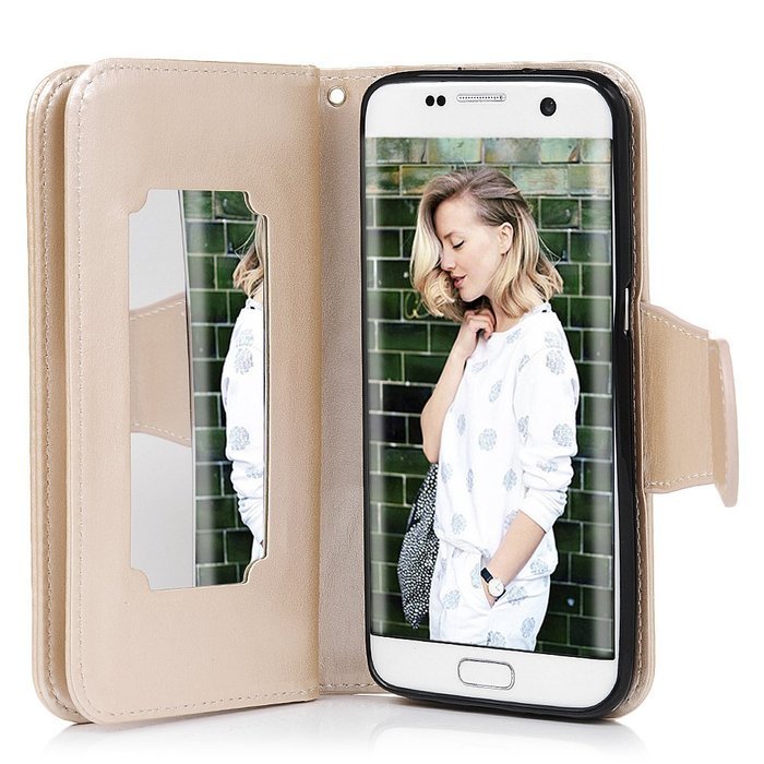 Badalink Galaxy S7 Edge Wallet Case 9 Card Slots Plastic Mirror Hand Strap Stand Feature Embossed PU Leather Flip... N61