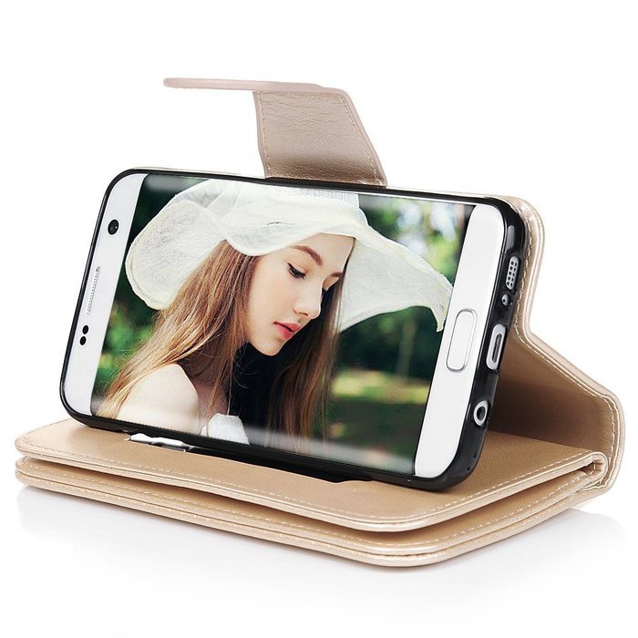 Badalink Galaxy S7 Edge Wallet Case 9 Card Slots Plastic Mirror Hand Strap Stand Feature Embossed PU Leather Flip... N63