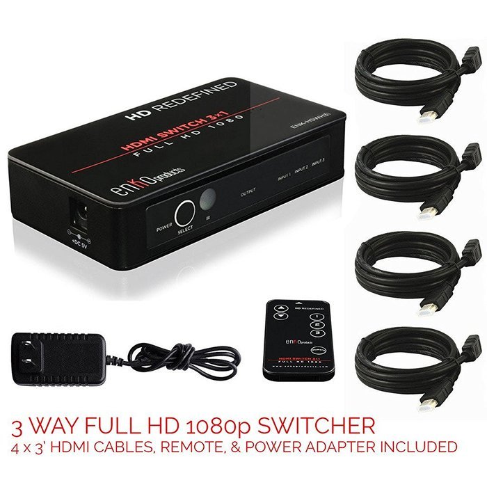 enKo HDMI 3 Ports Hub Switch v1.4 (4Kx2K) includes IR Remote, 4x HDMI Cables, AC Power Adapter (Support 4Kx2K... N10