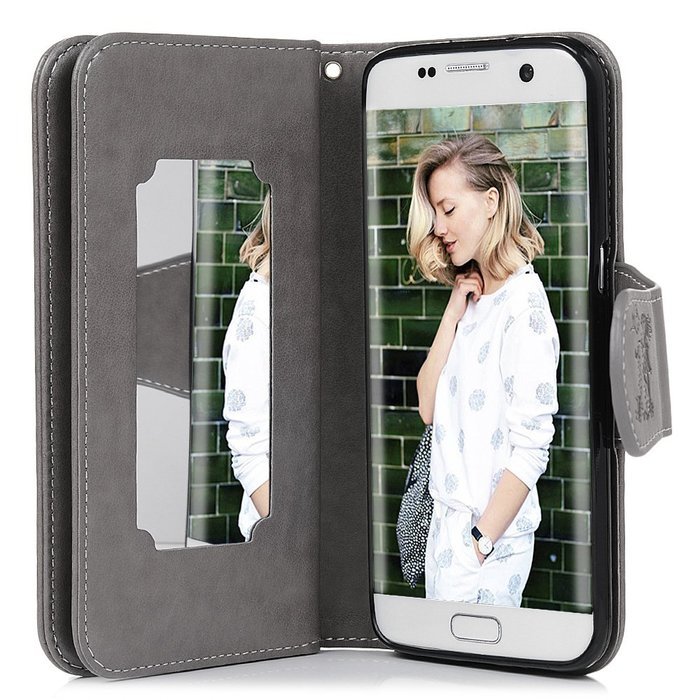 Badalink Galaxy S7 Edge Wallet Case 9 Card Slots Plastic Mirror Hand Strap Stand Feature Embossed PU Leather Flip... N65