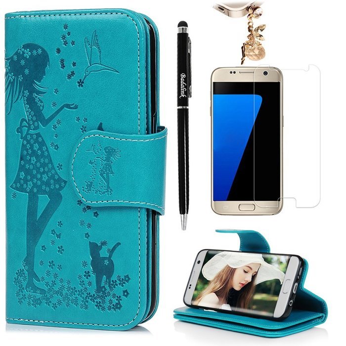 Badalink Galaxy S7 Edge Wallet Case 9 Card Slots Plastic Mirror Hand Strap Stand Feature Embossed PU Leather Flip... N68