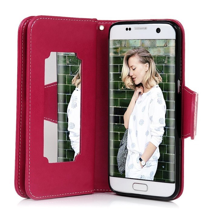Badalink Galaxy S7 Edge Wallet Case 9 Card Slots Plastic Mirror Hand Strap Stand Feature Embossed PU Leather Flip... N73