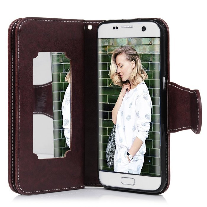 Badalink Galaxy S7 Edge Wallet Case 9 Card Slots Plastic Mirror Hand Strap Stand Feature Embossed PU Leather Flip... N76