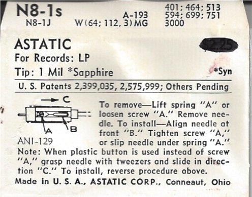 Astatic N8-1s 1 Mil Sapphire Record Needle N2