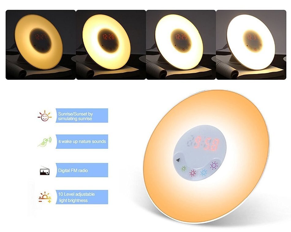 Yun Wake Up Light Sunrise Simulation Alarm Clock Radio, with FM Radio Sounds,Colored Sunrise Simulation N3